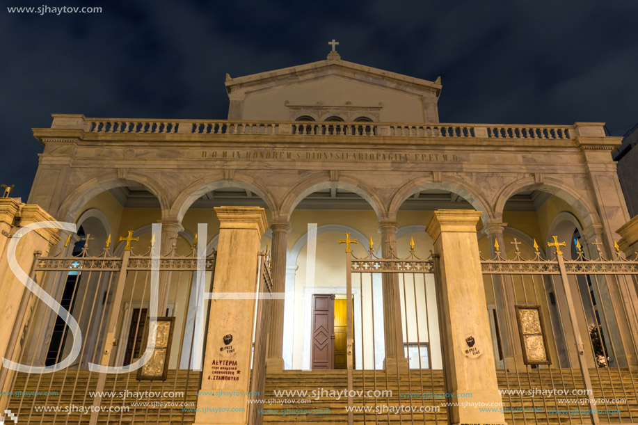 ATHENS, GREECE - JANUARY 20, 2017: Night photo of Agios Dionysios Areopagitis Catholic Cathedral  in Athens, Attica, Greece