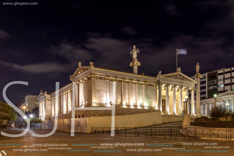 ATHENS, GREECE - JANUARY 19 2017:  Night view of Academy of Athens, Attica, Greece