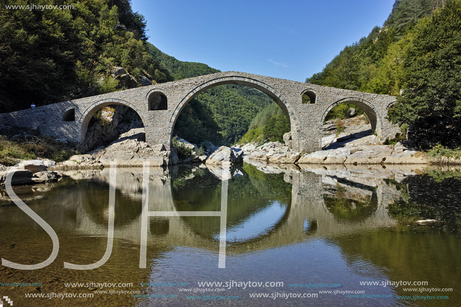 Amazing Reflection of Devil"s Bridge in Arda river, Kardzhali Region, Bulgaria