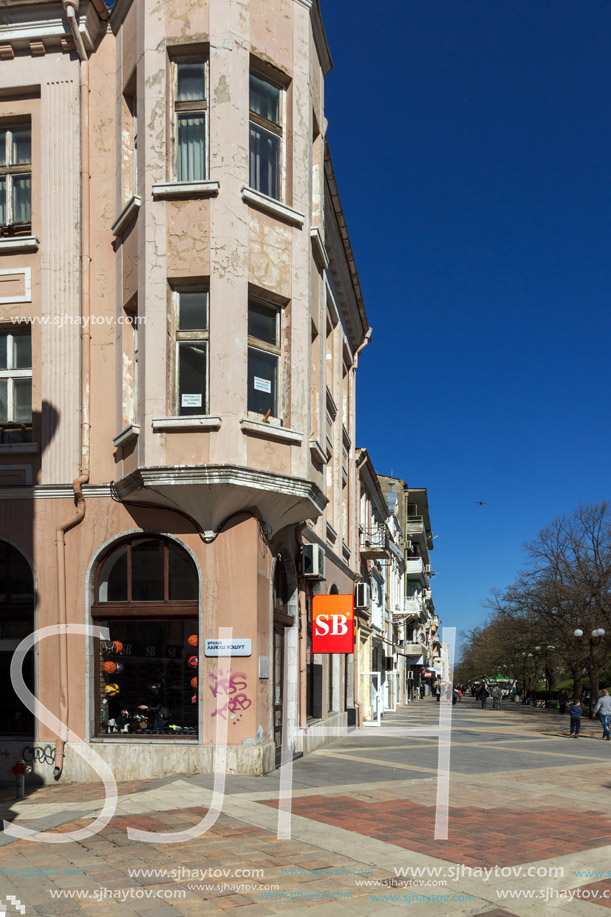 SHUMEN, BULGARIA - APRIL 10, 2017:  Central pedestrian street bul. Slavyanski in city of Shumen, Bulgaria