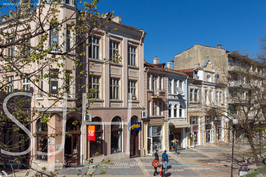SHUMEN, BULGARIA - APRIL 10, 2017:  Central pedestrian street bul. Slavyanski in city of Shumen, Bulgaria