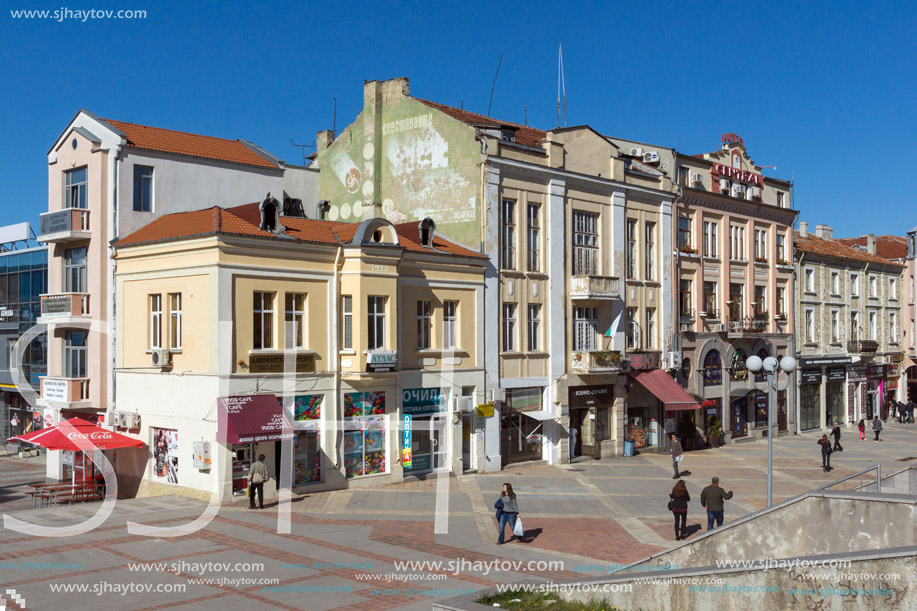 SHUMEN, BULGARIA - APRIL 10, 2017:  Central pedestrian street bul. Slavyanski in city of Shumen, Bulgaria