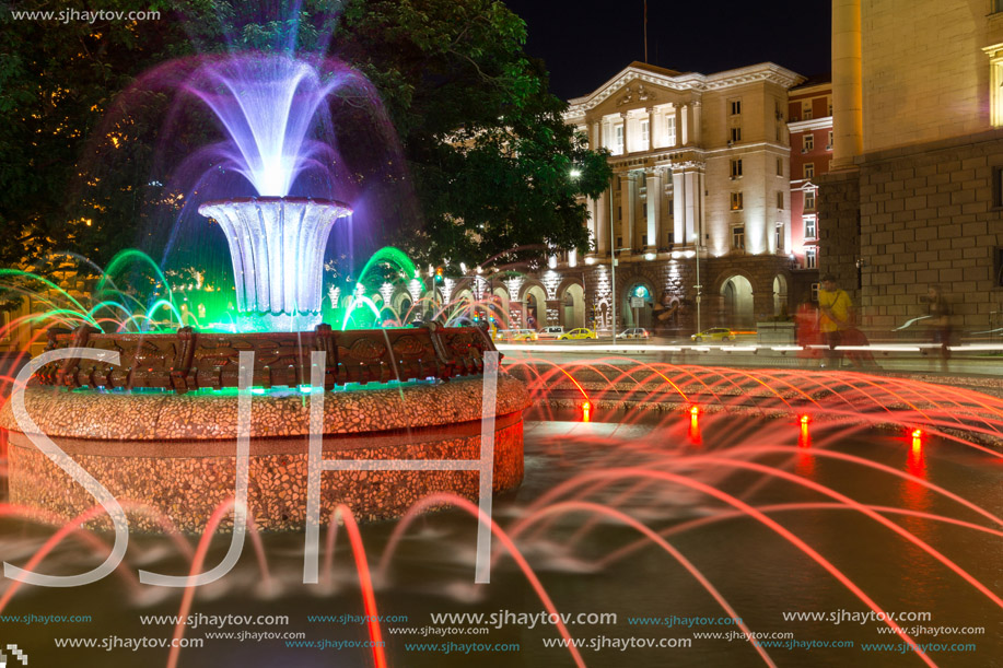 SOFIA, BULGARIA - JUNE 30, 2017: Night photo of Fountain in front of The Building of the Presidency in Sofia, Bulgaria