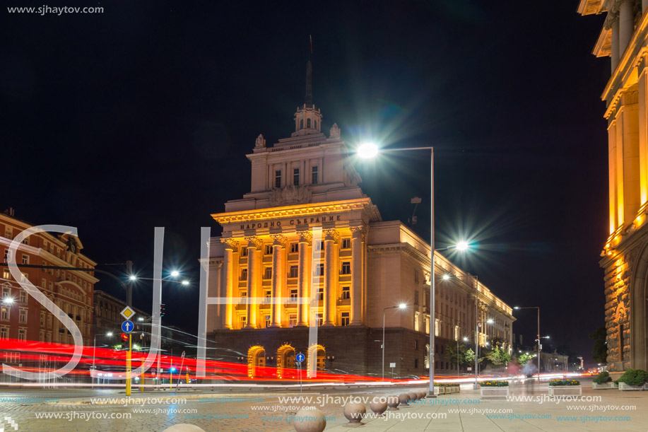 SOFIA, BULGARIA - JUNE 30, 2017: Night photo of Building of Former Communist Party House in Sofia, Bulgaria