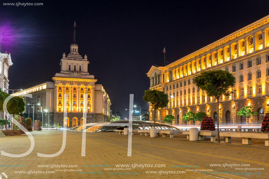 SOFIA, BULGARIA - JUNE 30, 2017: Night photo of Buildings of Presidency and Former Communist Party House in Sofia, Bulgaria