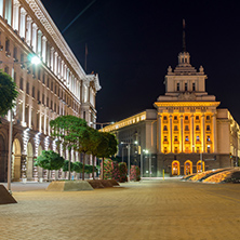SOFIA, BULGARIA - JUNE 30, 2017: Night photo of Buildings of Council of Ministers and Former Communist Party House in Sofia, Bulgaria