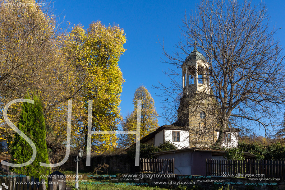 BOZHENTSI, BULGARIA - OCTOBER 29 2016:   Autumn view of Church of Saint Prophet Elijah in village of Bozhentsi, Gabrovo region, Bulgaria
