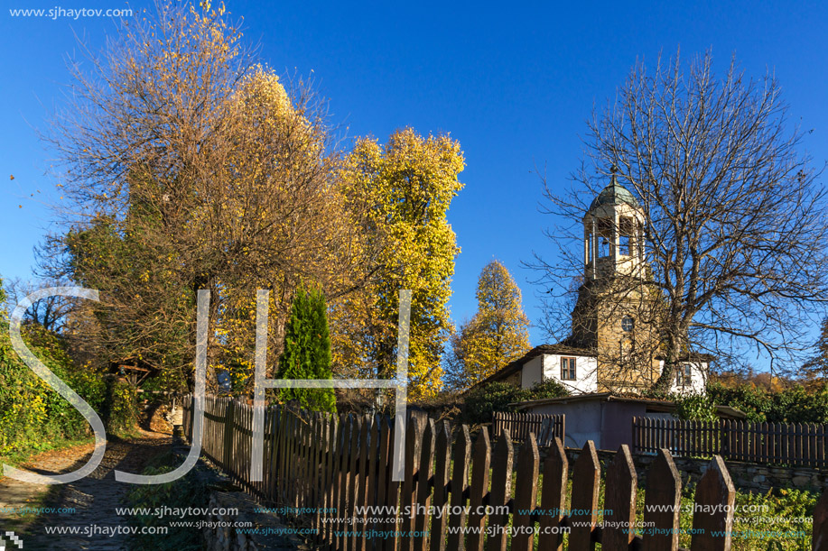 BOZHENTSI, BULGARIA - OCTOBER 29 2016:   Autumn view of Church of Saint Prophet Elijah in village of Bozhentsi, Gabrovo region, Bulgaria