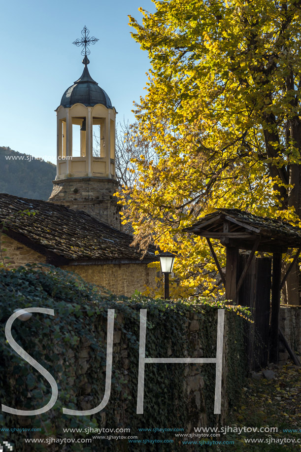 BOZHENTSI, BULGARIA - OCTOBER 29 2016:   Autumn view of Church of Saint Prophet Elijah in village of Bozhentsi, Gabrovo region, Bulgaria