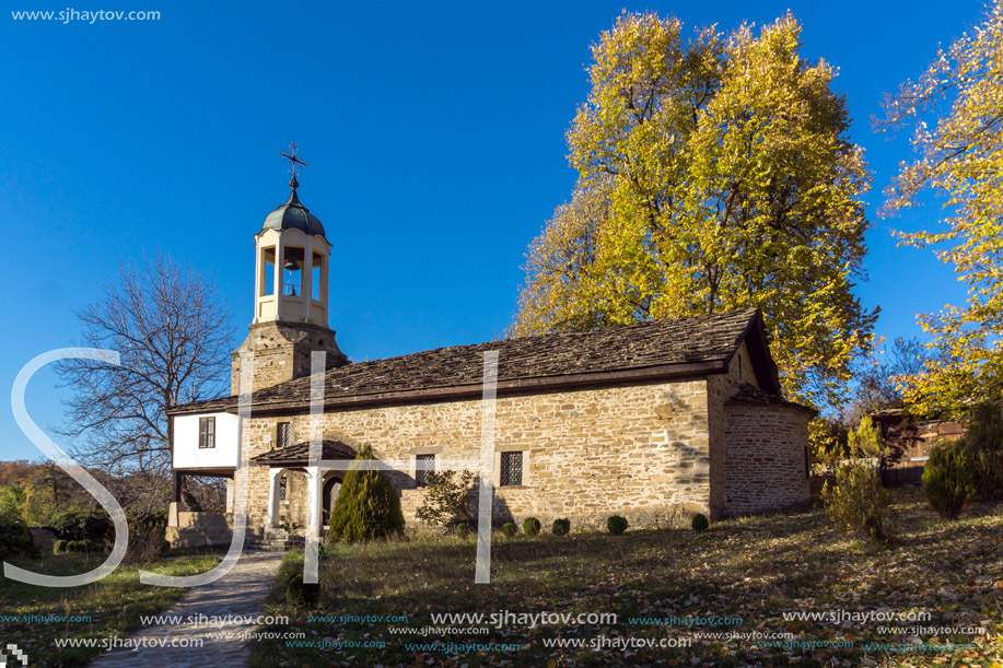 BOZHENTSI, BULGARIA - OCTOBER 29 2016:   Autumn view of Church of Saint Prophet Elijah in village of Bozhentsi, Gabrovo region, Bulgaria
