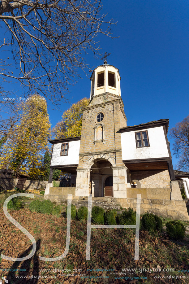 BOZHENTSI, BULGARIA - OCTOBER 29 2016:   Autumn view of Church of Saint Prophet Elijah in village of Bozhentsi, Gabrovo region, Bulgaria