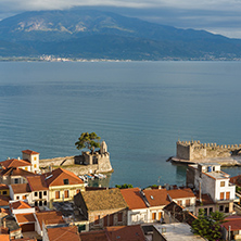 NAFPAKTOS, GREECE - MAY 28, 2015: Amazing Panoramic view of Nafpaktos town, Western Greece