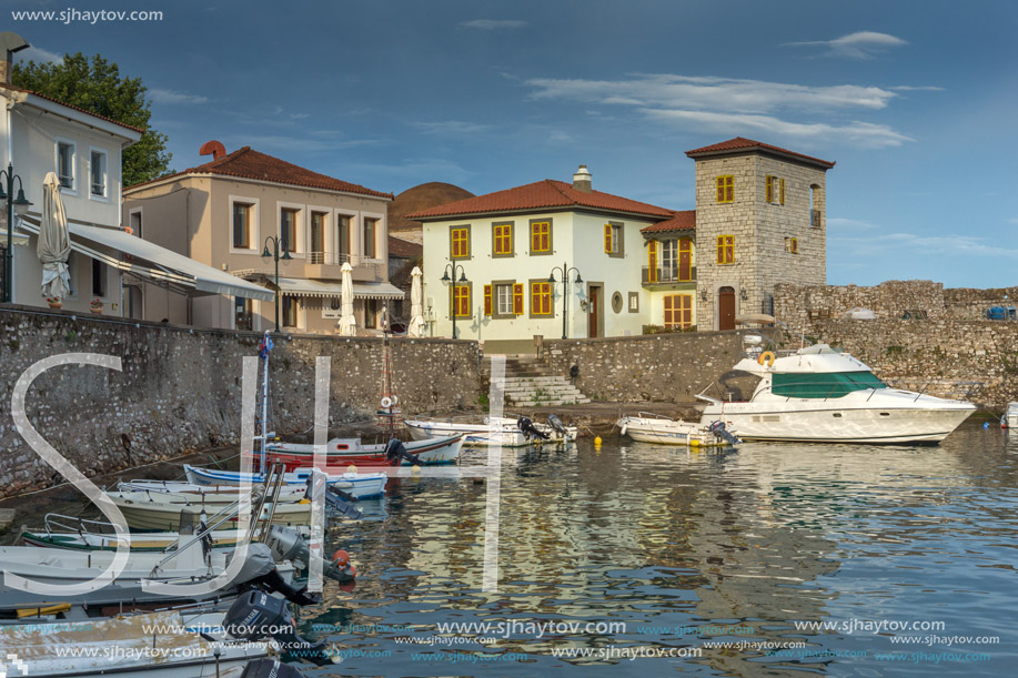 NAFPAKTOS, GREECE - MAY 28, 2015: Sunset panorama of Fortification at the port of Nafpaktos town, Western Greece