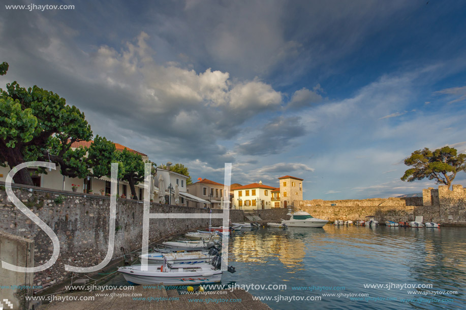 NAFPAKTOS, GREECE - MAY 28, 2015: Sunset panorama of Fortification at the port of Nafpaktos town, Western Greece