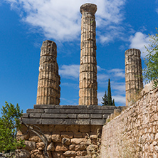 Columns in The Temple of Apollo in Ancient Greek archaeological site of Delphi, Central Greece