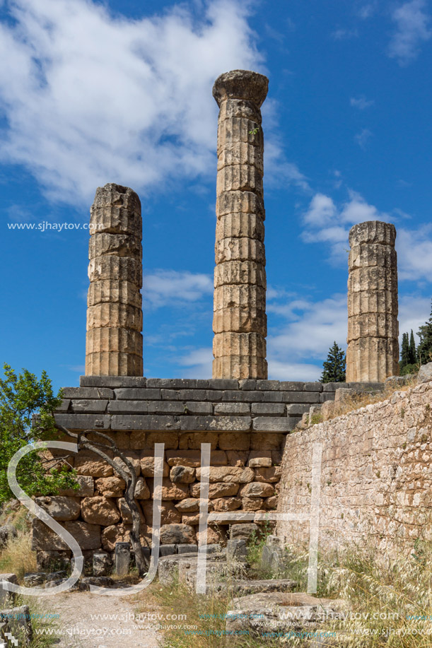 Columns in The Temple of Apollo in Ancient Greek archaeological site of Delphi, Central Greece