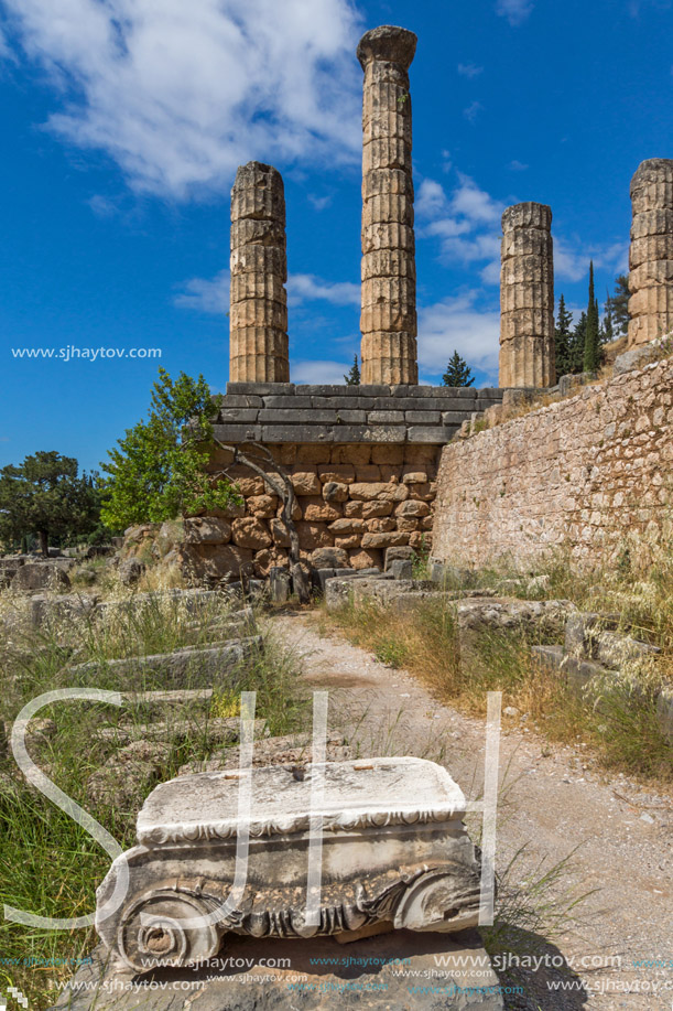 Columns in The Temple of Apollo in Ancient Greek archaeological site of Delphi, Central Greece
