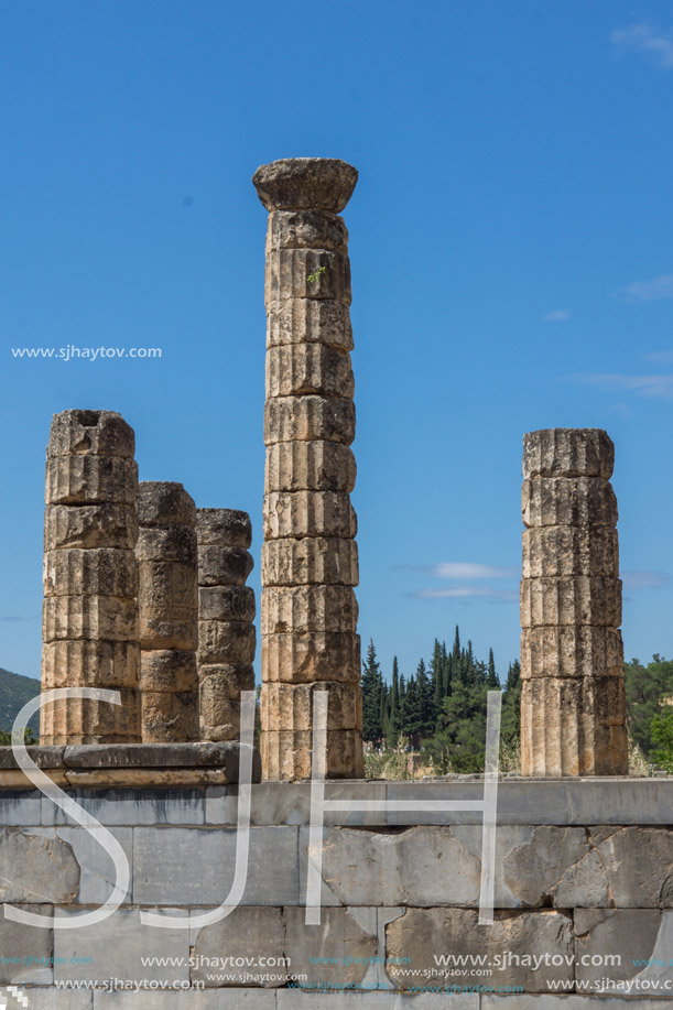 Columns in The Temple of Apollo in Ancient Greek archaeological site of Delphi, Central Greece