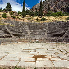 Panorama of Amphitheatre in Ancient Greek archaeological site of Delphi, Central Greece