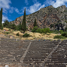 Panorama of Amphitheatre in Ancient Greek archaeological site of Delphi, Central Greece