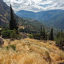 Amazing Panorama of Amphitheatre in Ancient Greek archaeological site of Delphi, Central Greece