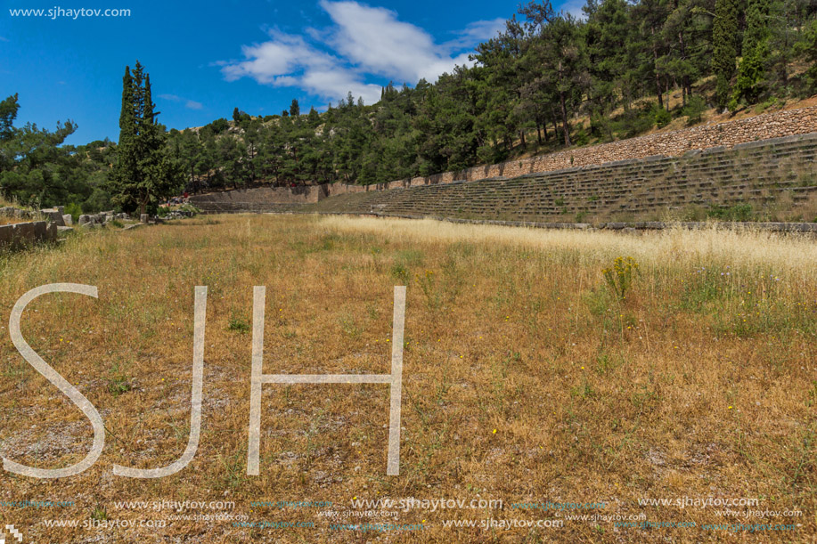 Panoramic view of Stadium at Ancient Greek archaeological site of Delphi, Central Greece