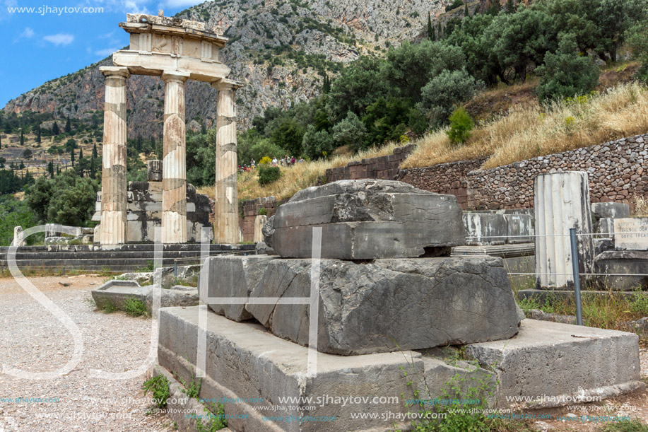 Ruins of Athena Pronaia Sanctuary at Ancient Greek archaeological site of Delphi, Central Greece