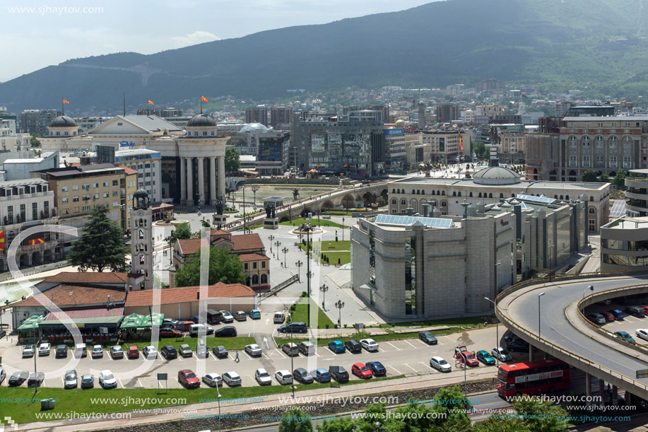 SKOPJE, REPUBLIC OF MACEDONIA - 13 MAY 2017: Panorama to city of Skopje from fortress (Kale fortress) in the Old Town, Republic of Macedonia
