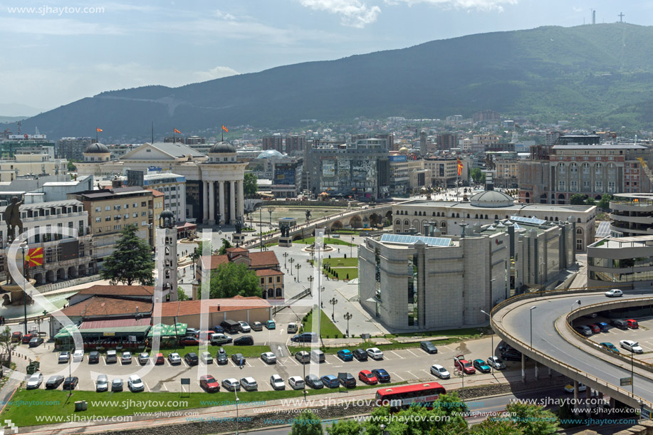 SKOPJE, REPUBLIC OF MACEDONIA - 13 MAY 2017: Panorama to city of Skopje from fortress (Kale fortress) in the Old Town, Republic of Macedonia