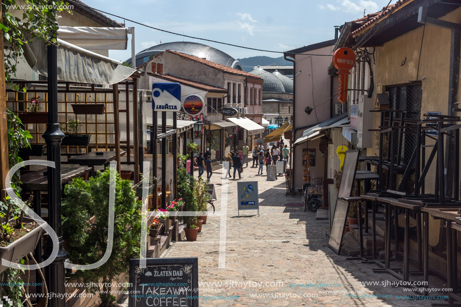 SKOPJE, REPUBLIC OF MACEDONIA - 13 MAY 2017: Typical street in old town of city of Skopje, Republic of Macedonia