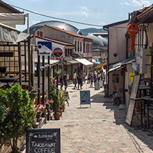 SKOPJE, REPUBLIC OF MACEDONIA - 13 MAY 2017: Typical street in old town of city of Skopje, Republic of Macedonia