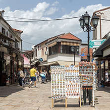 SKOPJE, REPUBLIC OF MACEDONIA - 13 MAY 2017: Typical street in old town of city of Skopje, Republic of Macedonia