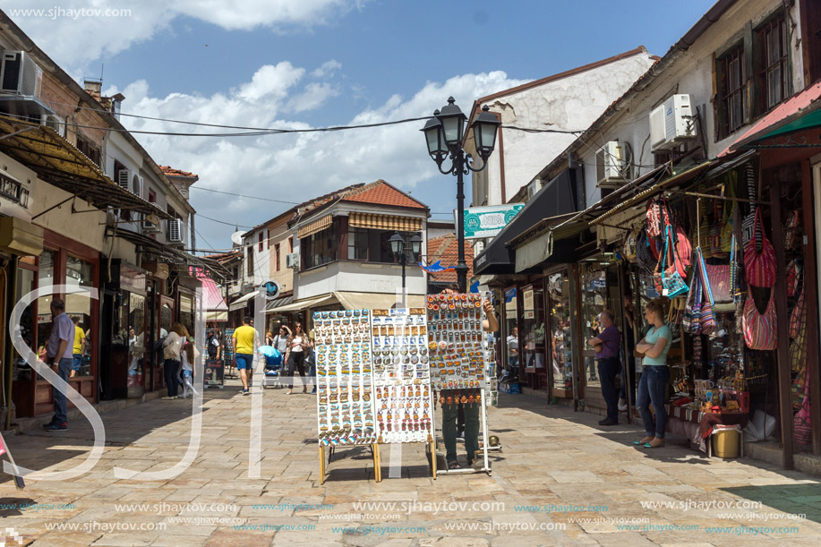 SKOPJE, REPUBLIC OF MACEDONIA - 13 MAY 2017: Typical street in old town of city of Skopje, Republic of Macedonia