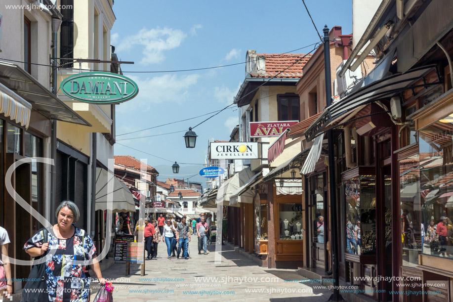 SKOPJE, REPUBLIC OF MACEDONIA - 13 MAY 2017: Typical street in old town of city of Skopje, Republic of Macedonia