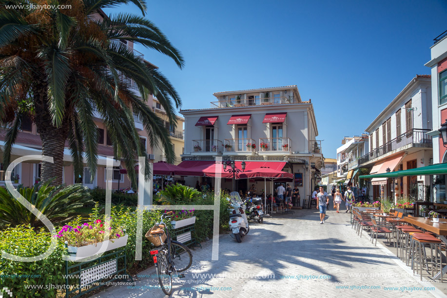 LEFKADA TOWN, GREECE - JULY 17, 2014: Panoramic view of street in  Lefkada town, Ionian Islands, Greece