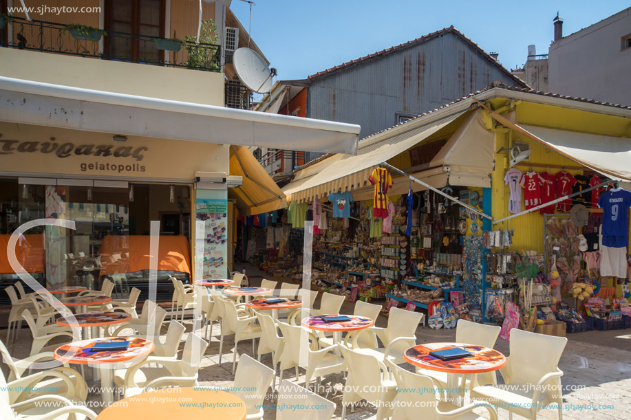 LEFKADA TOWN, GREECE - JULY 17, 2014: Panoramic view of street in  Lefkada town, Ionian Islands, Greece