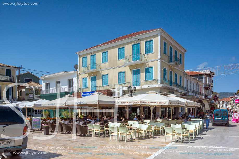 LEFKADA TOWN, GREECE - JULY 17, 2014: Panoramic view of street in  Lefkada town, Ionian Islands, Greece