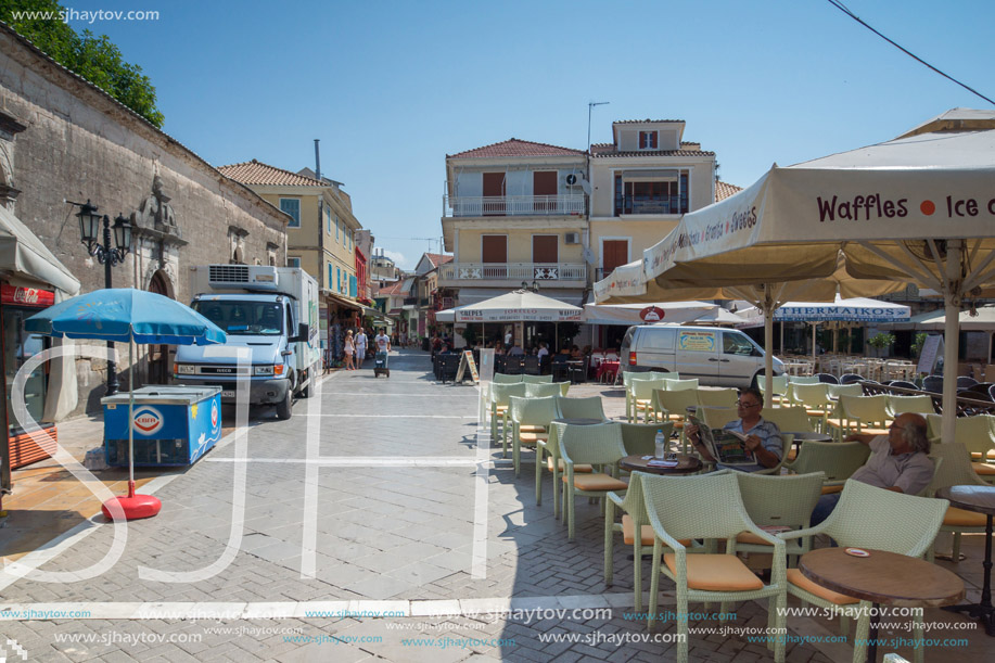 LEFKADA TOWN, GREECE - JULY 17, 2014: Panoramic view of street in  Lefkada town, Ionian Islands, Greece