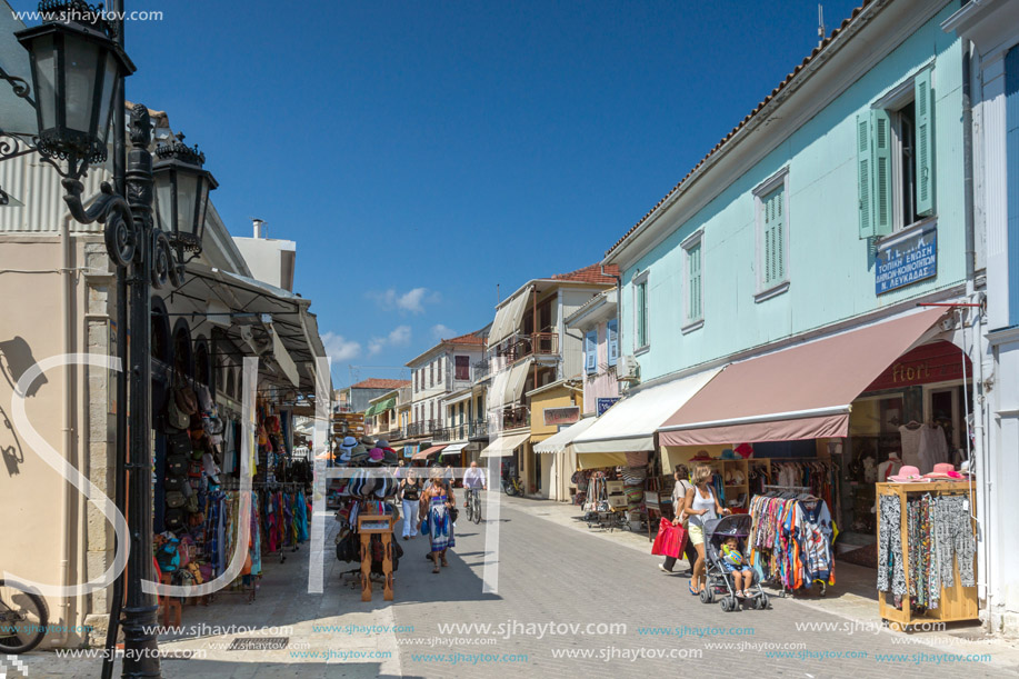 LEFKADA TOWN, GREECE - JULY 17, 2014: Panoramic view of street in  Lefkada town, Ionian Islands, Greece