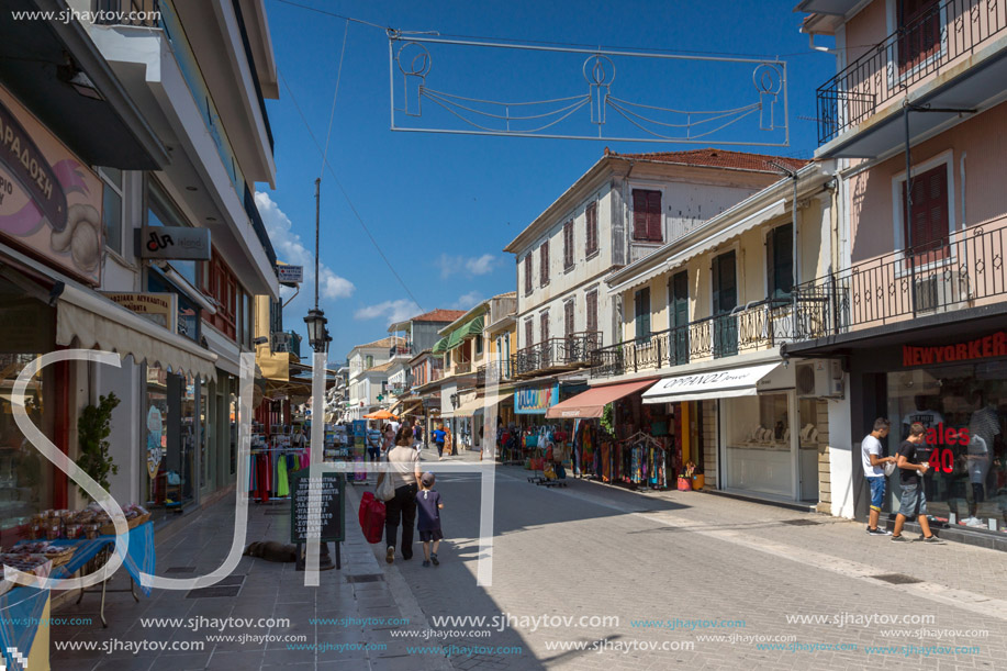 LEFKADA TOWN, GREECE - JULY 17, 2014: Panoramic view of street in  Lefkada town, Ionian Islands, Greece