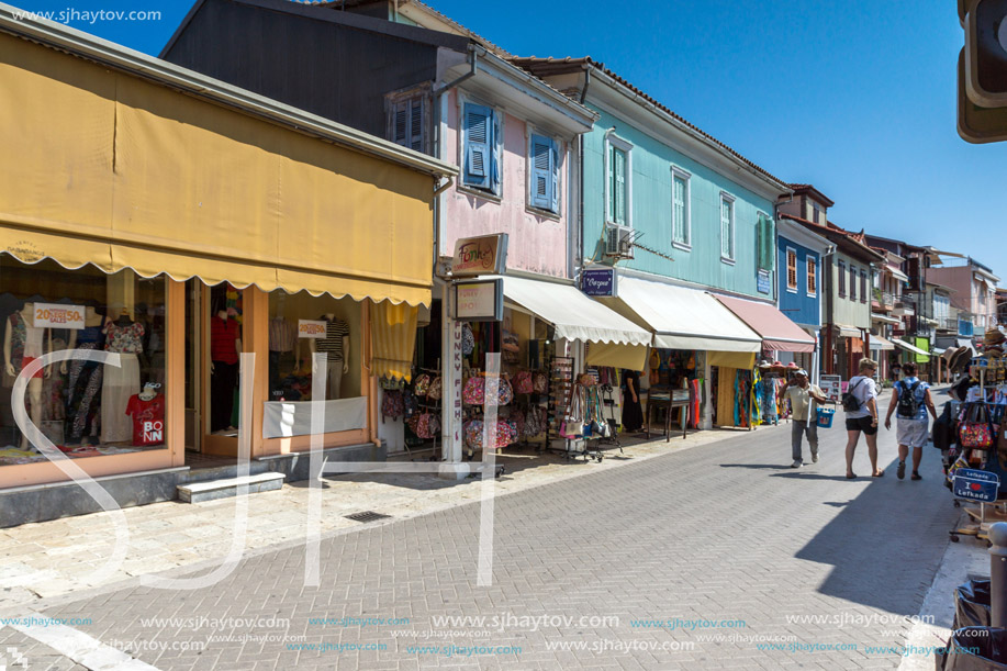 LEFKADA TOWN, GREECE - JULY 17, 2014: Panoramic view of street in  Lefkada town, Ionian Islands, Greece