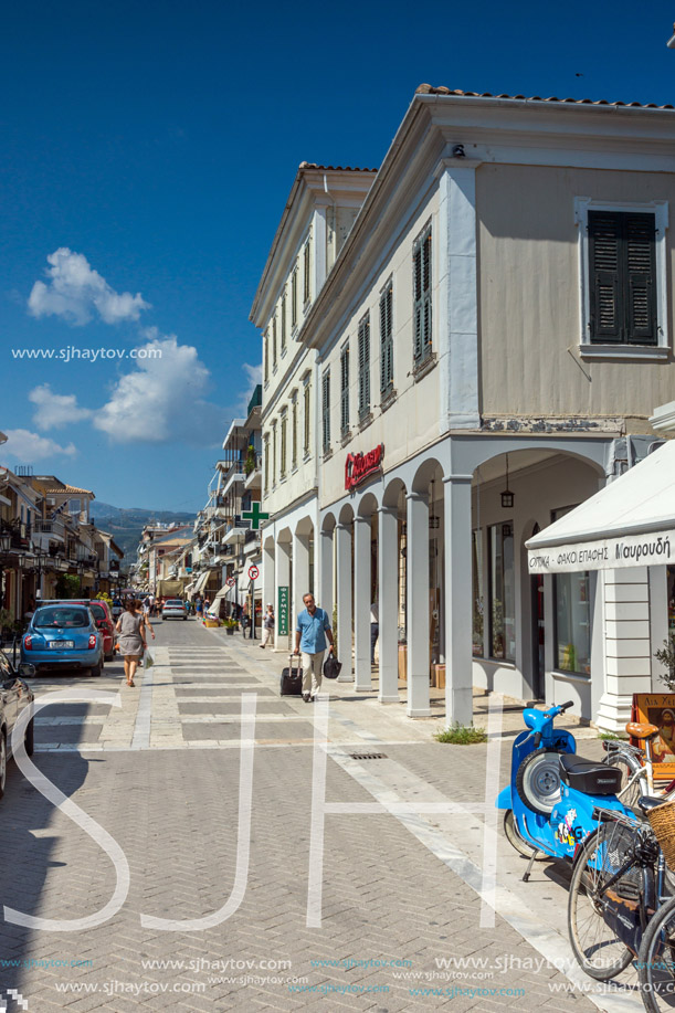 LEFKADA TOWN, GREECE - JULY 17, 2014: Panoramic view of street in  Lefkada town, Ionian Islands, Greece