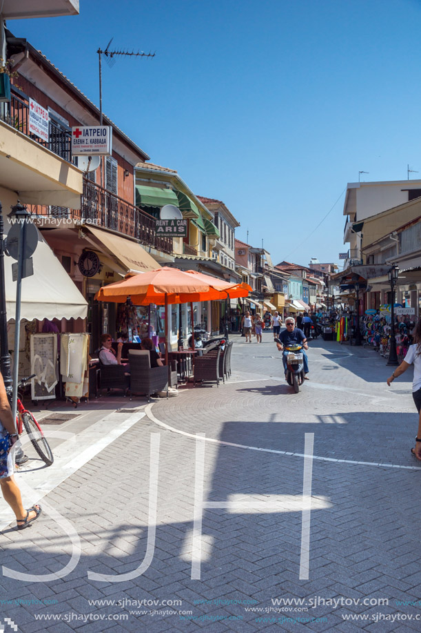 LEFKADA TOWN, GREECE - JULY 17, 2014: Panoramic view of street in  Lefkada town, Ionian Islands, Greece