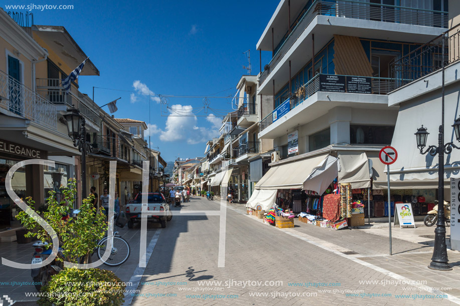 LEFKADA TOWN, GREECE - JULY 17, 2014: Panoramic view of street in  Lefkada town, Ionian Islands, Greece