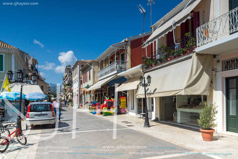 LEFKADA TOWN, GREECE - JULY 17, 2014: Panoramic view of street in  Lefkada town, Ionian Islands, Greece