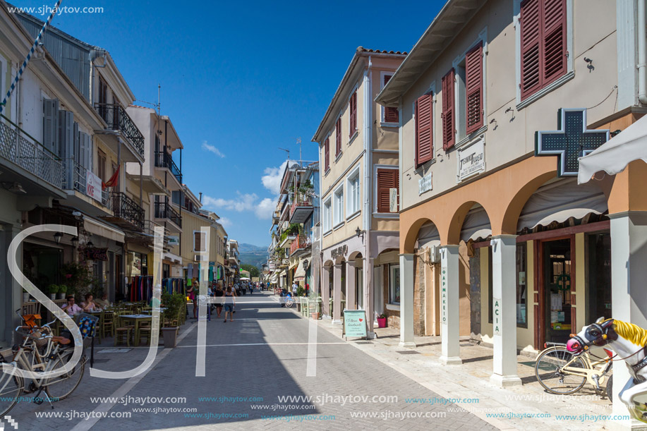 LEFKADA TOWN, GREECE - JULY 17, 2014: Panoramic view of street in  Lefkada town, Ionian Islands, Greece