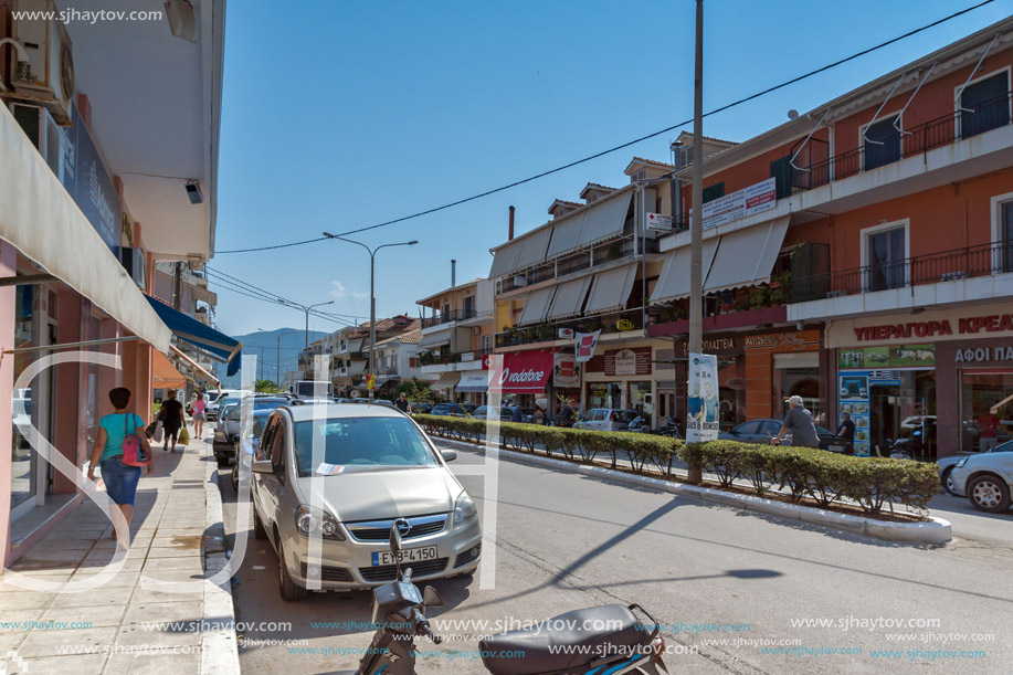 LEFKADA TOWN, GREECE - JULY 17, 2014: Panoramic view of street in  Lefkada town, Ionian Islands, Greece