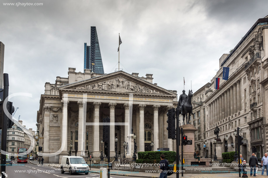 LONDON, ENGLAND - JUNE 18, 2016: The Royal Exchange in city of London, England, Great Britain