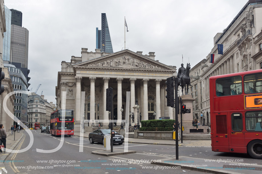 LONDON, ENGLAND - JUNE 18, 2016: The Royal Exchange in city of London, England, Great Britain