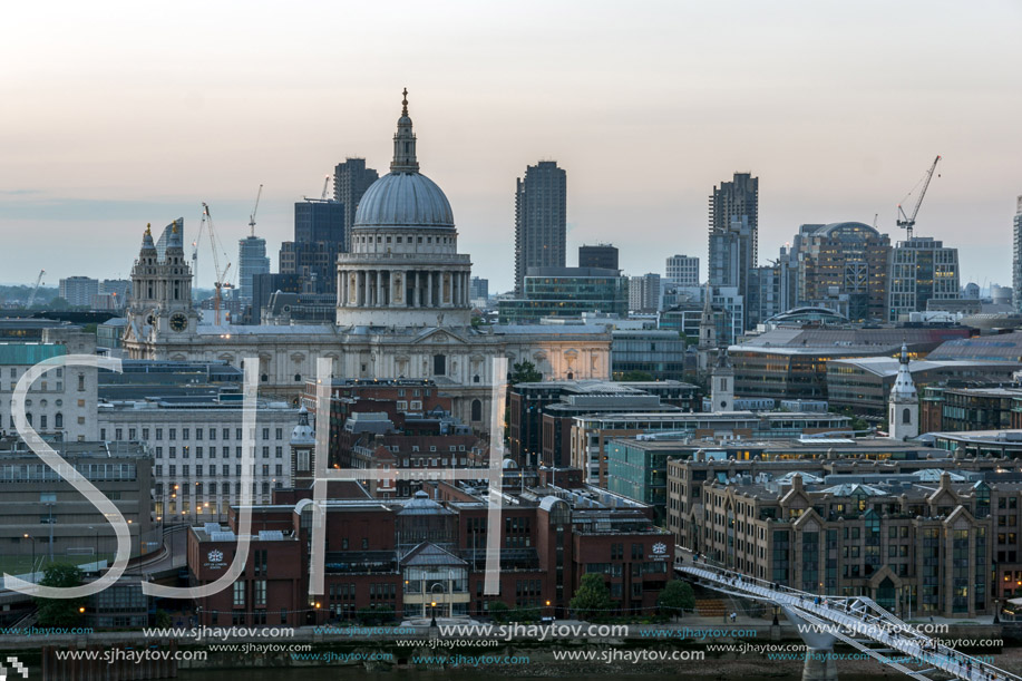 LONDON, ENGLAND - JUNE 18, 2016: Amazing Sunset panorama from Tate modern Gallery to city of London, England, Great Britain